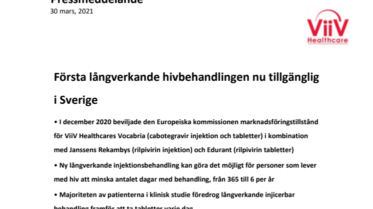 Pressmeddelande - Första långverkande hivbehandlingen nu tillgänglig Sverige