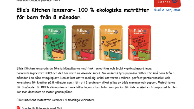 Ella’s Kitchen lanserar 100 % ekologiska maträtter för barn från 8 månader