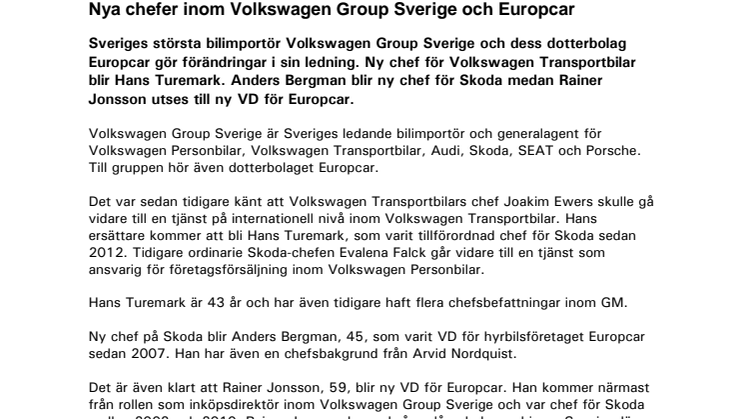 Nya chefer inom Volkswagen Group Sverige och Europcar