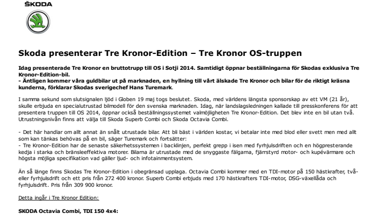 Skoda presenterar Tre Kronor-Edition – Tre Kronor OS-truppen 