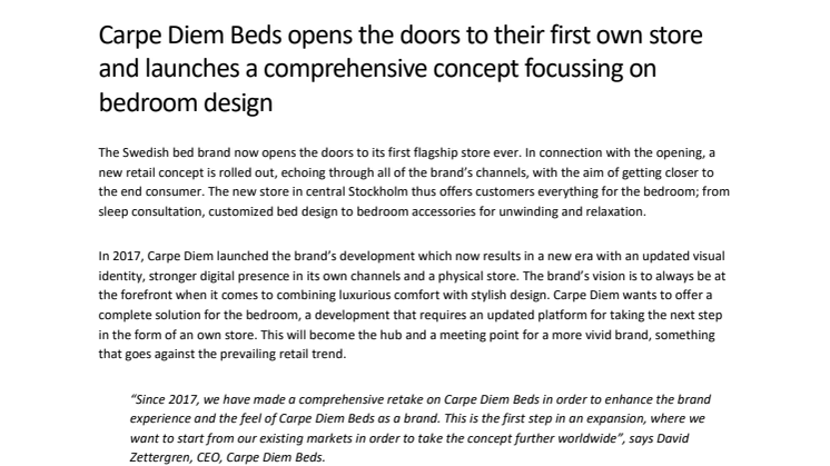 Carpe Diem Beds opens the doors to their first own store and launches a comprehensive concept focussing on bedroom design