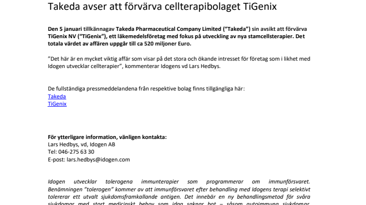 Takeda avser att förvärva cellterapibolaget TiGenix 