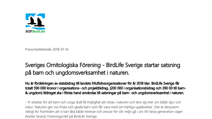 Satsning på barn och ungdomsverksamhet i naturen startas av Sveriges Ornitologiska Förening - BirdLife Sverige