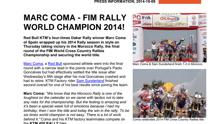 MARC COMA - FIM RALLY WORLD CHAMPION 2014!