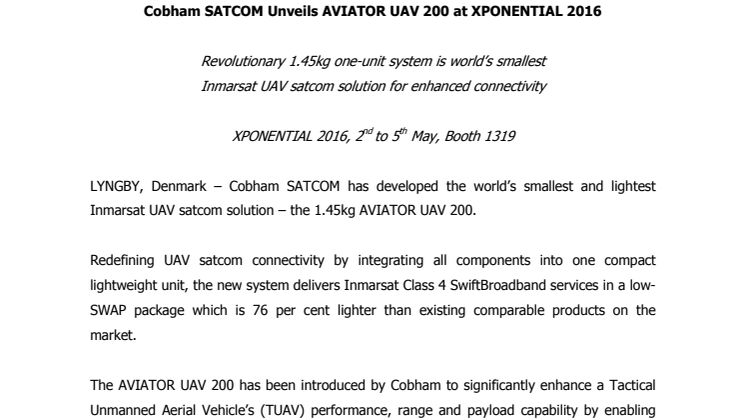 Cobham SATCOM: AVIATOR UAV 200 Unveiled at Xponential 2016