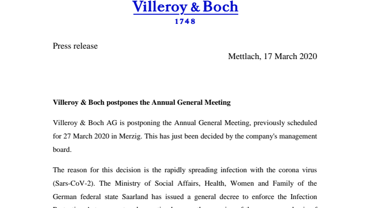 Villeroy & Boch postpones the Annual General Meeting