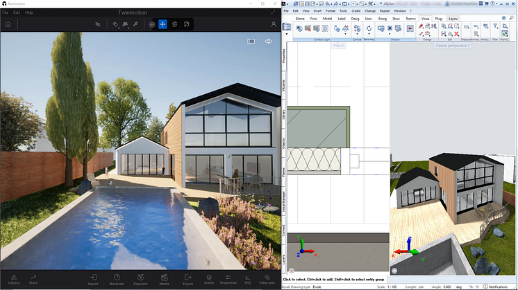 La nuova anteprima tecnica di Twinmotion Direct Link in Allplan 2023-1 semplifica il flusso di lavoro per lo scambio dei dati, consentendo la sincronizzazione in tempo reale dei modelli Allplan con un solo clic. Copyright: ALLPLAN.