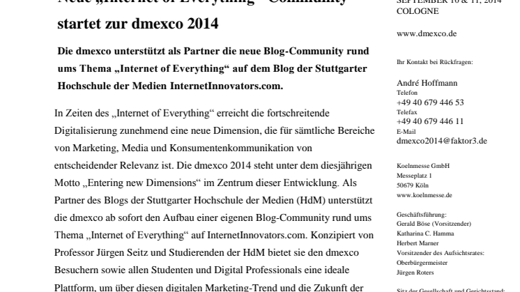 Neue „Internet of Everything“-Community startet zur dmexco 2014