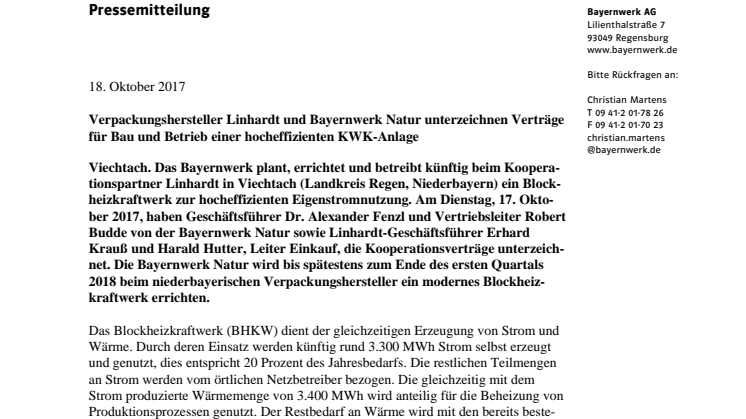Verpackungshersteller Linhardt und Bayernwerk Natur unterzeichnen Verträge für Bau und Betrieb einer hocheffizienten KWK-Anlage