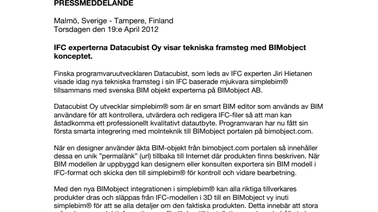 IFC experterna Datacubist Oy visar tekniska framsteg med BIMobject konceptet.