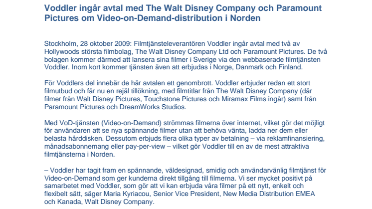 Voddler ingår avtal med The Walt Disney Company och Paramount Pictures om Video-on-Demand-distribution i Norden