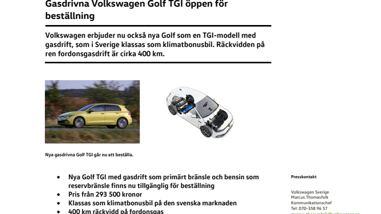 Gasdrivna Volkswagen Golf TGI öppen för beställning
