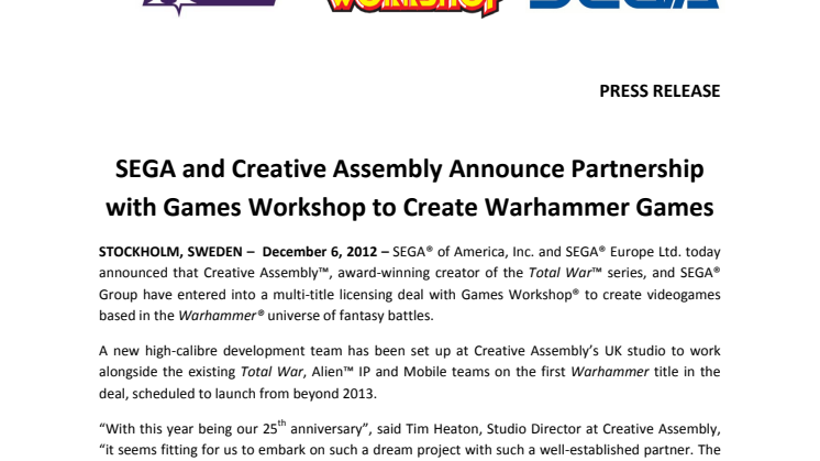 SEGA and Creative Assembly Announce Partnership with Games Workshop to Create Warhammer Games