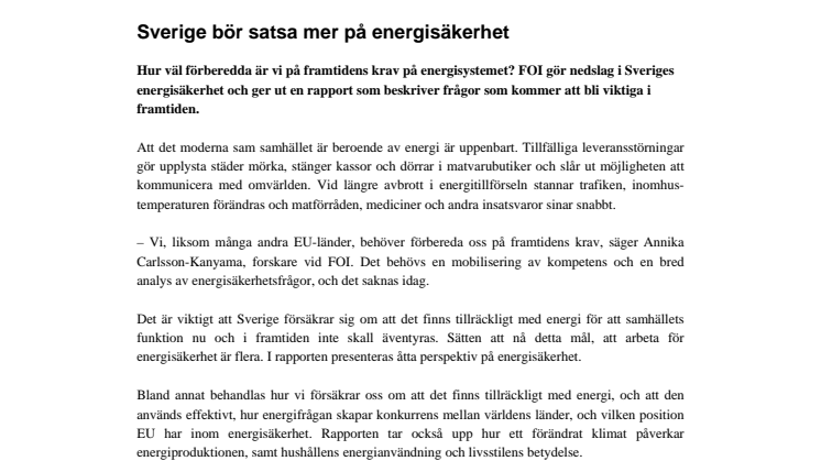 Sverige bör satsa mer på energisäkerhet