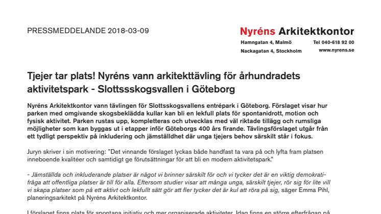 Tjejer tar plats! Nyréns vann arkitekttävling för århundradets aktivitetspark - Slottsskogsvallen i Göteborg 