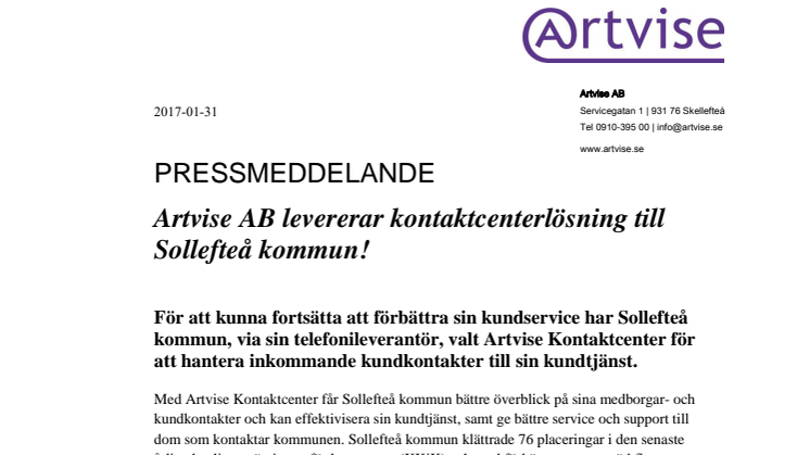 Artvise AB levererar kontaktcenterlösning till Sollefteå kommun!