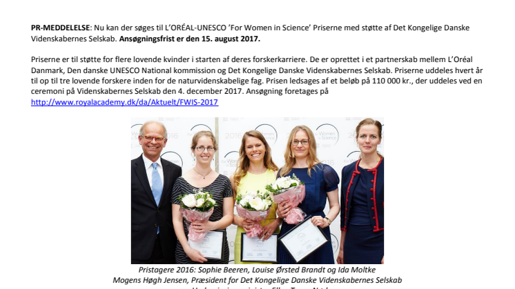 Nu kan der søges til L'Oréal-UNESCO For Women in Science priserne 2017