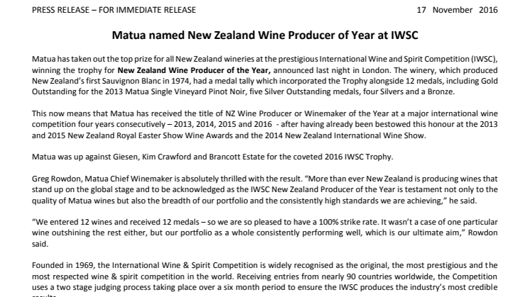 Matua named New Zealand Wine Producer of Year at IWSC