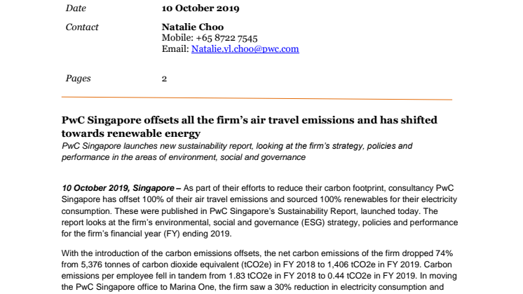 PwC Singapore offsets all the firm’s air travel emissions and has shifted towards renewable energy