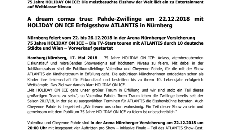 A dream comes true: Pahde-Zwillinge am 22.12.2018 mit HOLIDAY ON ICE Erfolgsshow ATLANTIS in Nürnberg 