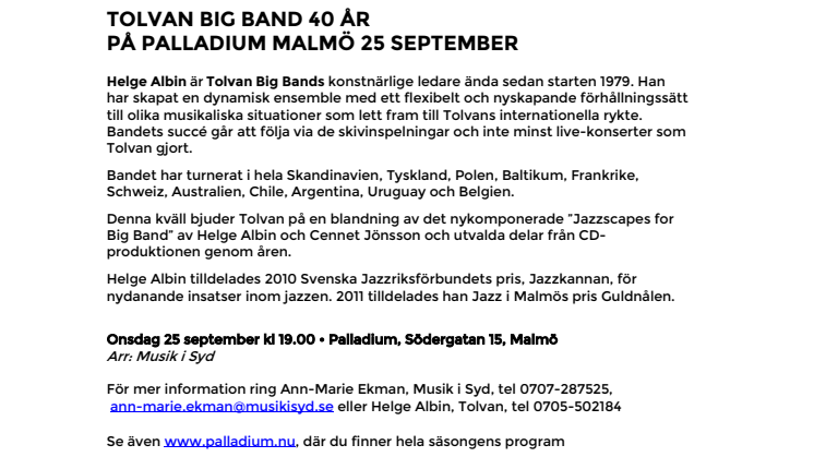 Tolvan Big Band firar 40 år på Palladium Malmö 25 september