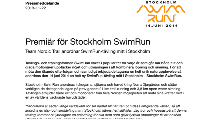 Premiär för Stockholm SwimRun  - Team Nordic Trail anordnar SwimRun-tävling mitt i Stockholm