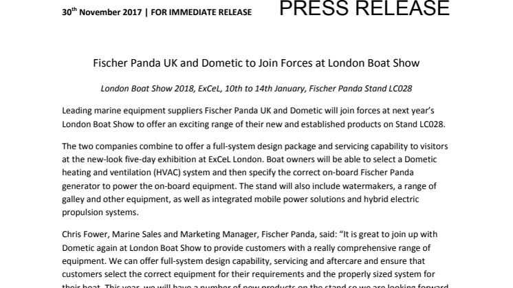 Fischer Panda UK and Dometic to Join Forces at London Boat Show