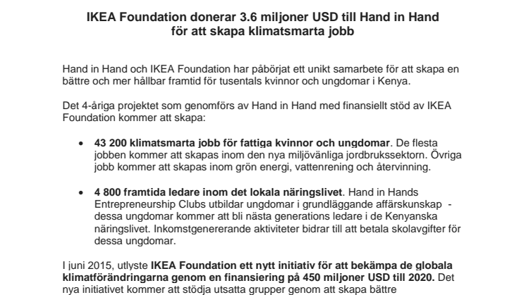 IKEA Foundation donerar 3.6 miljoner USD till Hand in Hand  för att skapa klimatsmarta jobb 