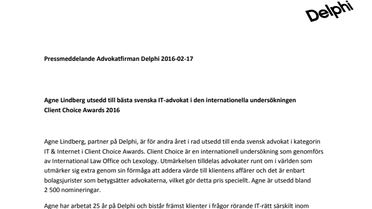 Agne Lindberg utsedd till bästa svenska IT-advokat i den internationella undersökningen  Client Choice Awards 2016