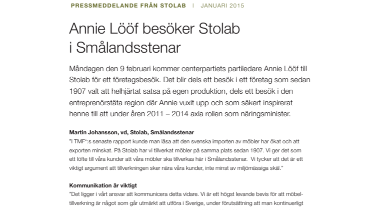 Annie Lööf besöker Stolab i Smålandsstenar