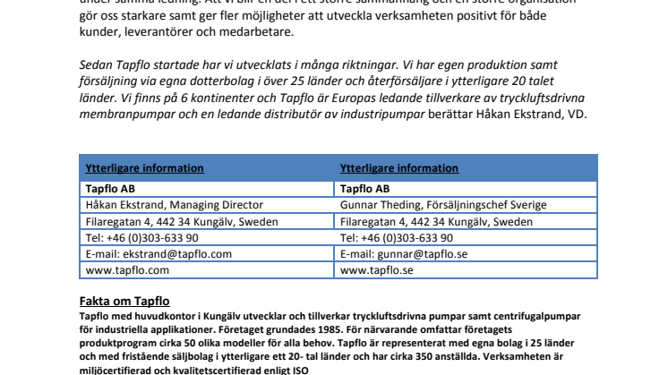 Nu går den svenska industrikoncernen Tapflo Group samman med Temag Pumpar.