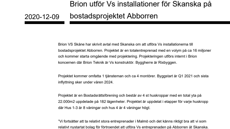 Brion utför Vs installationer för Skanska på bostadsprojektet Abborren 