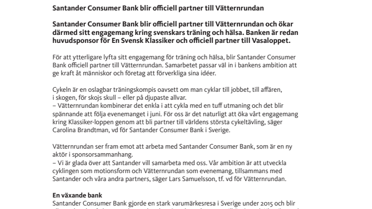 ​Santander Consumer Bank blir officiell partner till Vätternrundan