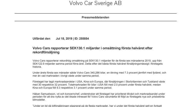 Volvo Cars rapporterar SEK130.1 miljarder i omsättning första halvåret efter rekordförsäljning