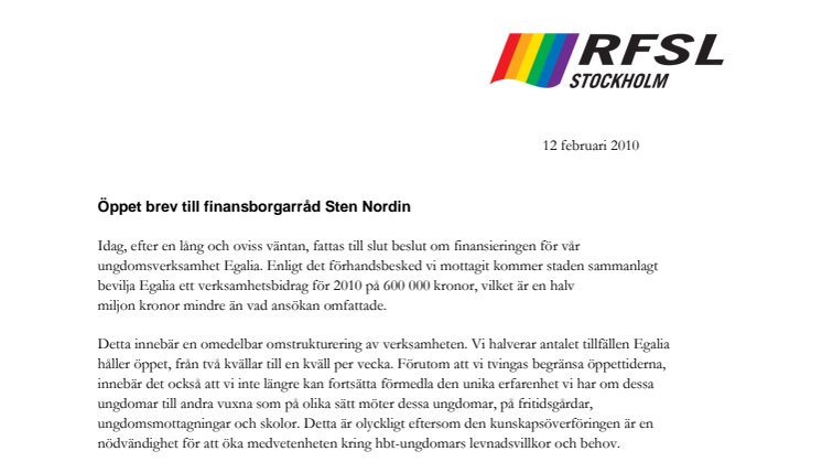 Öppet brev till Sten Nordin 12 februari 2010