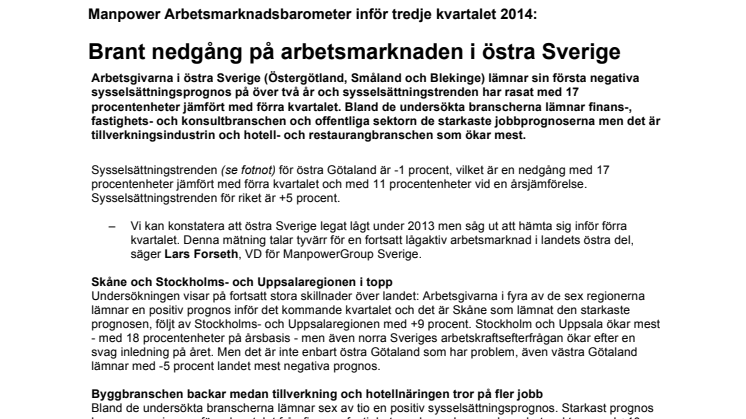 Brant nedgång på arbetsmarknaden i östra Sverige