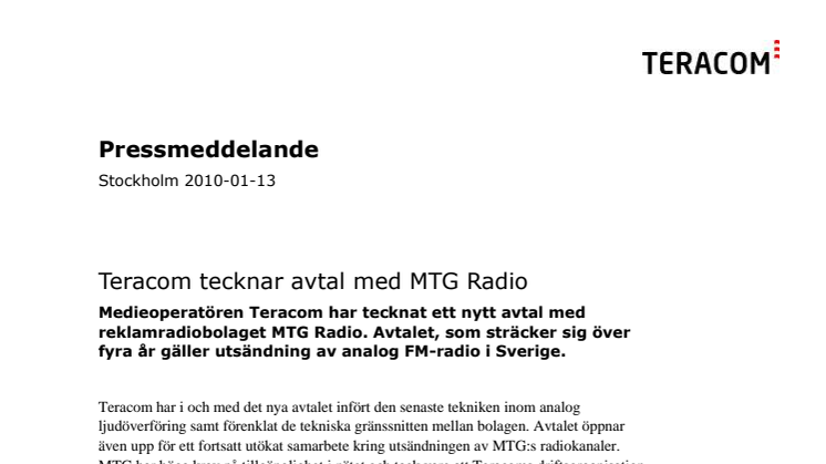 Teracom tecknar avtal med MTG Radio