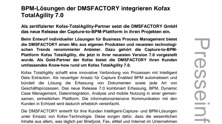 BPM-Lösungen der DMSFACTORY integrieren Kofax TotalAgility 7.0 
