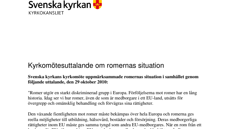 Kyrkomötets uttalande om romernas situation i Europa