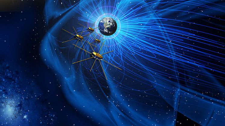 MMS-satelliterna flyger i formation i jordens magnetosfär (teckning: NASA) 
