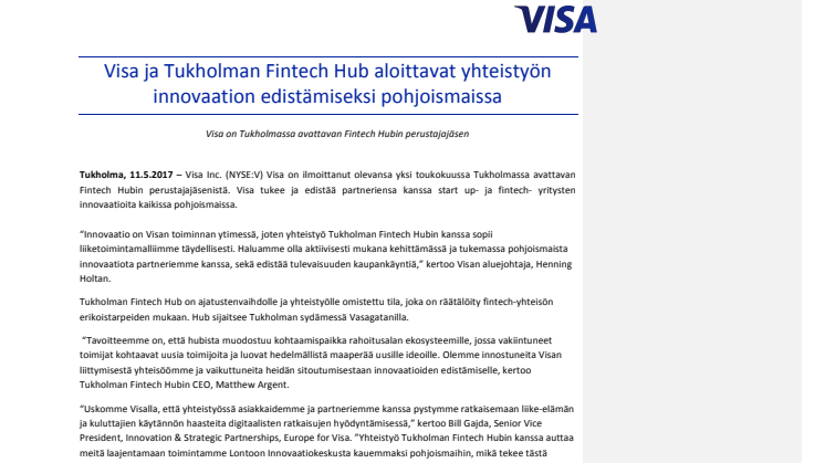 Visa ja Tukholman Fintech Hub aloittavat yhteistyön innovaation edistämiseksi Pohjoismaissa