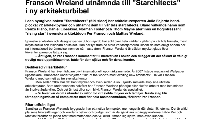 Franson Wreland utnämnda till ”Starchitects” i ny arkitekturbibel 