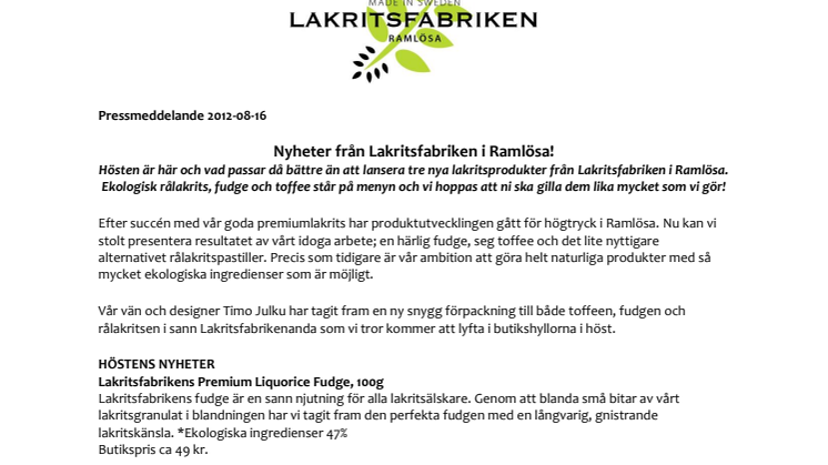 Nyheter från Lakritsfabriken i Ramlösa!