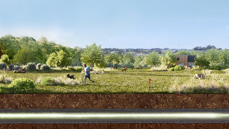 Visualiseringsbild: Vätgasinfrastuktur går under mark och har minimal åverkan på natur, odling och djurnäring. 