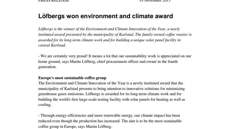 Löfbergs won environment and climate award 