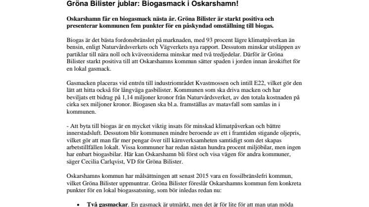 Gröna Bilister jublar: Biogasmack i Oskarshamn!