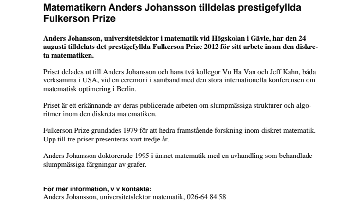 Matematikern Anders Johansson tilldelas prestigefyllda Fulkerson Prize