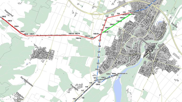 Erneuerung von Hochspannungsleitungen im Bereich Honsolgen-Landsberg: Die rot markierten Abschnitte werden erneuert, der grüne Abschnitt kann abgebaut werden (Grafik: LVN). 