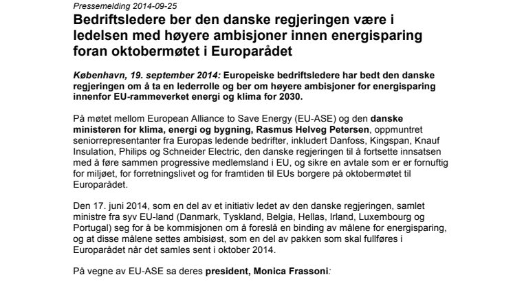 Bedriftsledere ber den danske regjeringen være i ledelsen med høyere ambisjoner innen energisparing foran oktobermøtet i Europarådet
