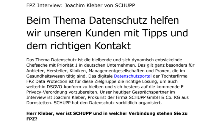 FPZ Interview mit Joachim Kleber von SCHUPP: "Beim Thema Datenschutz helfen wir unseren Kunden mit Tipps und dem richtigen Kontakt"